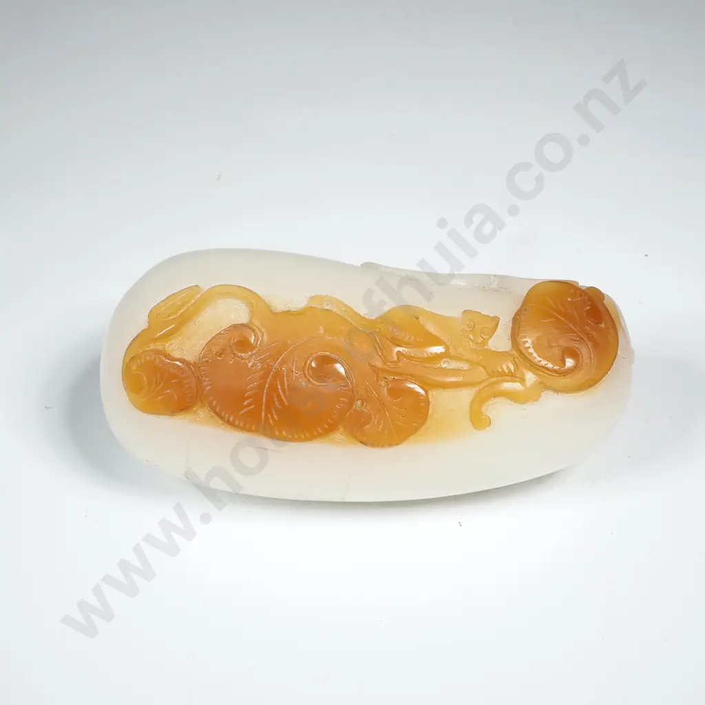 Nephrite Jade Carved River Pebble w White Body & Contrasting Brown 'Sugar' Skin Detailing w Cloud Patterns or Gourds Image 1++
