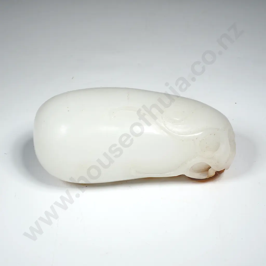 Nephrite Jade Carved River Pebble w White Body & Contrasting Brown 'Sugar' Skin Detailing w Cloud Patterns or Gourds Image 1++