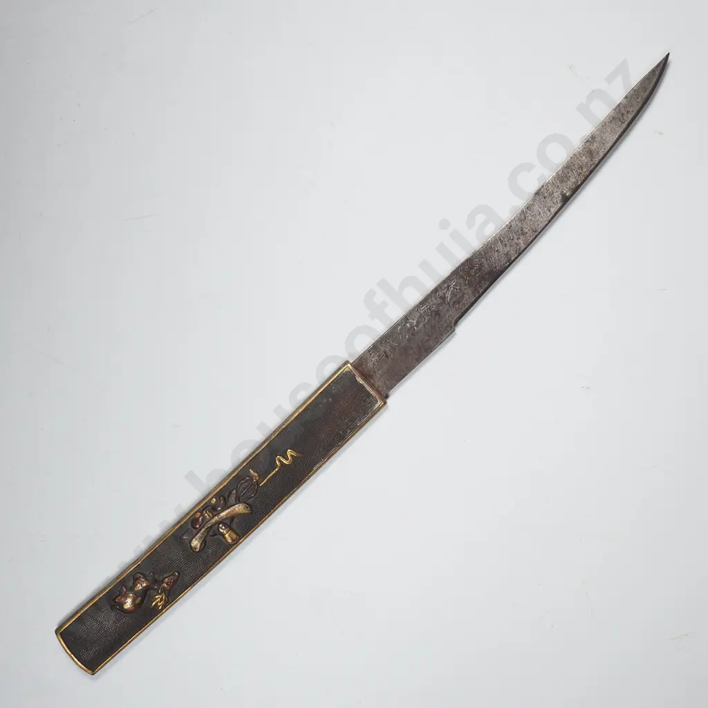 Antique Japanese Kogatana Copper & Gold Handles & Relief Carved Detail, Carried in the Slot on the Scabbard Image 1++