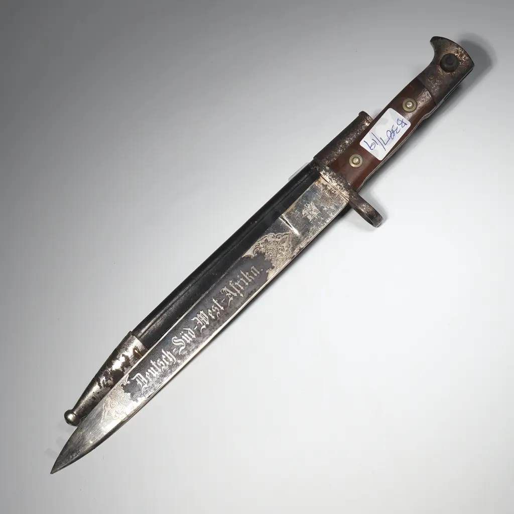 German WW1 K98 South West Africa Veterans Bayonet w Etched Blade & Scabbard Image 1++