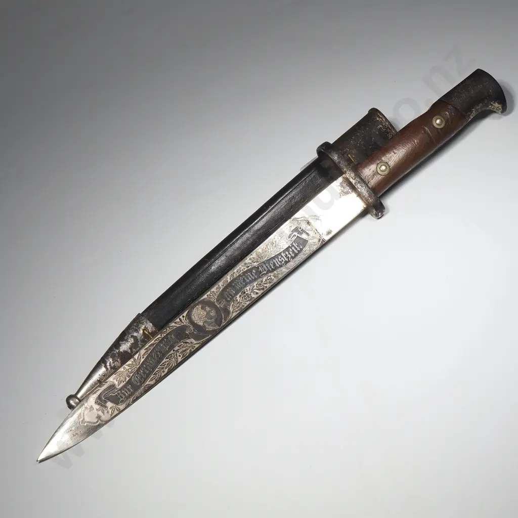 German WW1 K98 South West Africa Veterans Bayonet w Etched Blade & Scabbard Image 1++