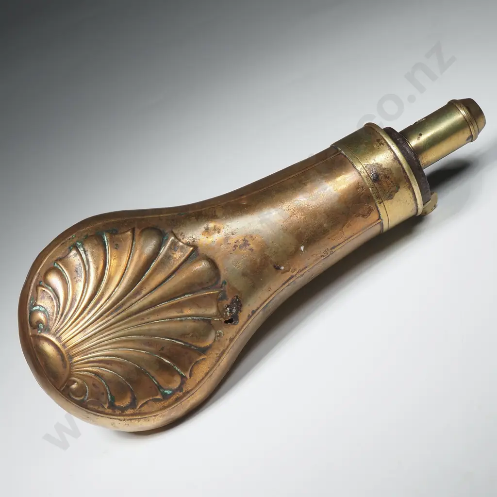 Antique Brass & Embossed Copper Gunpowder Flask a/f Image 1++