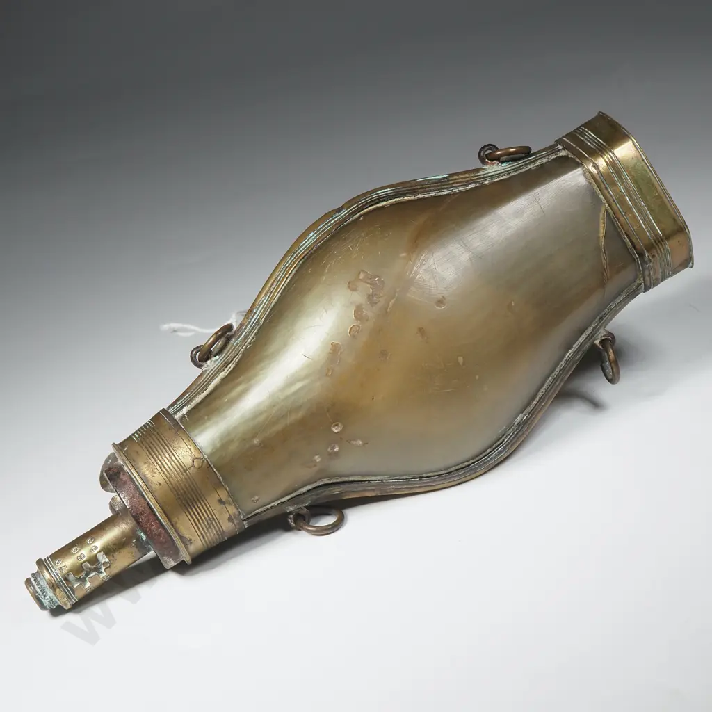Antique Horn & Brass Gunpowder Flask Image 1++