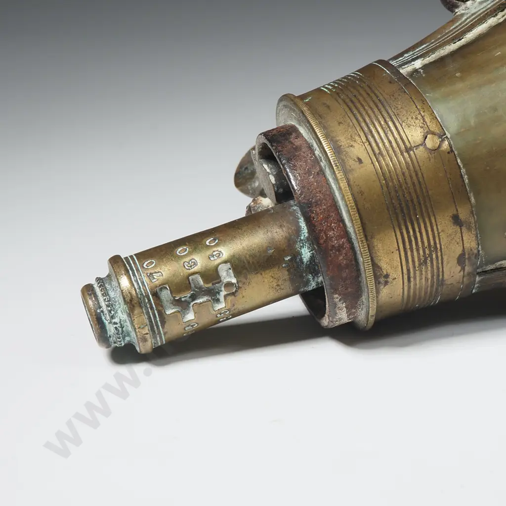 Antique Horn & Brass Gunpowder Flask Image 1++