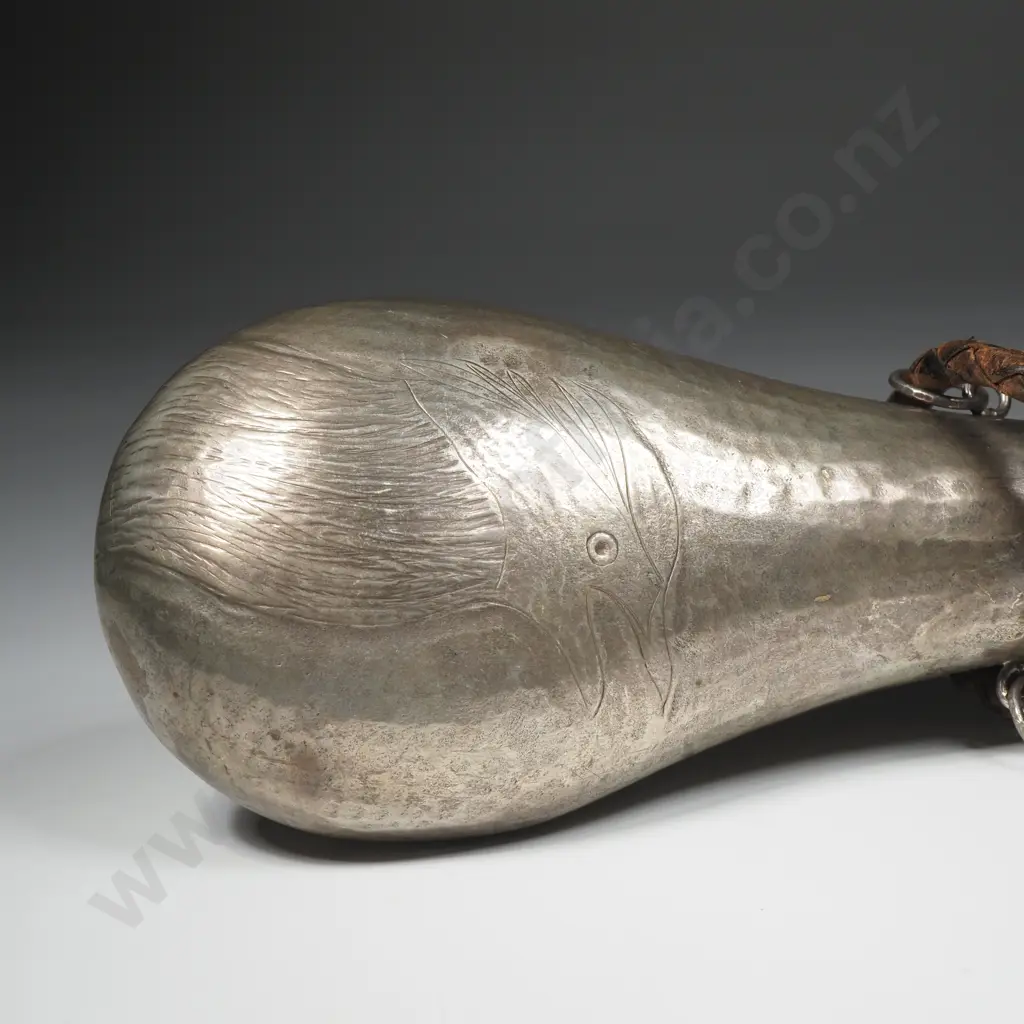 Antique European Solid Silver Gunpowder Flask w Etched Duck & Crow decoration. Image 1++
