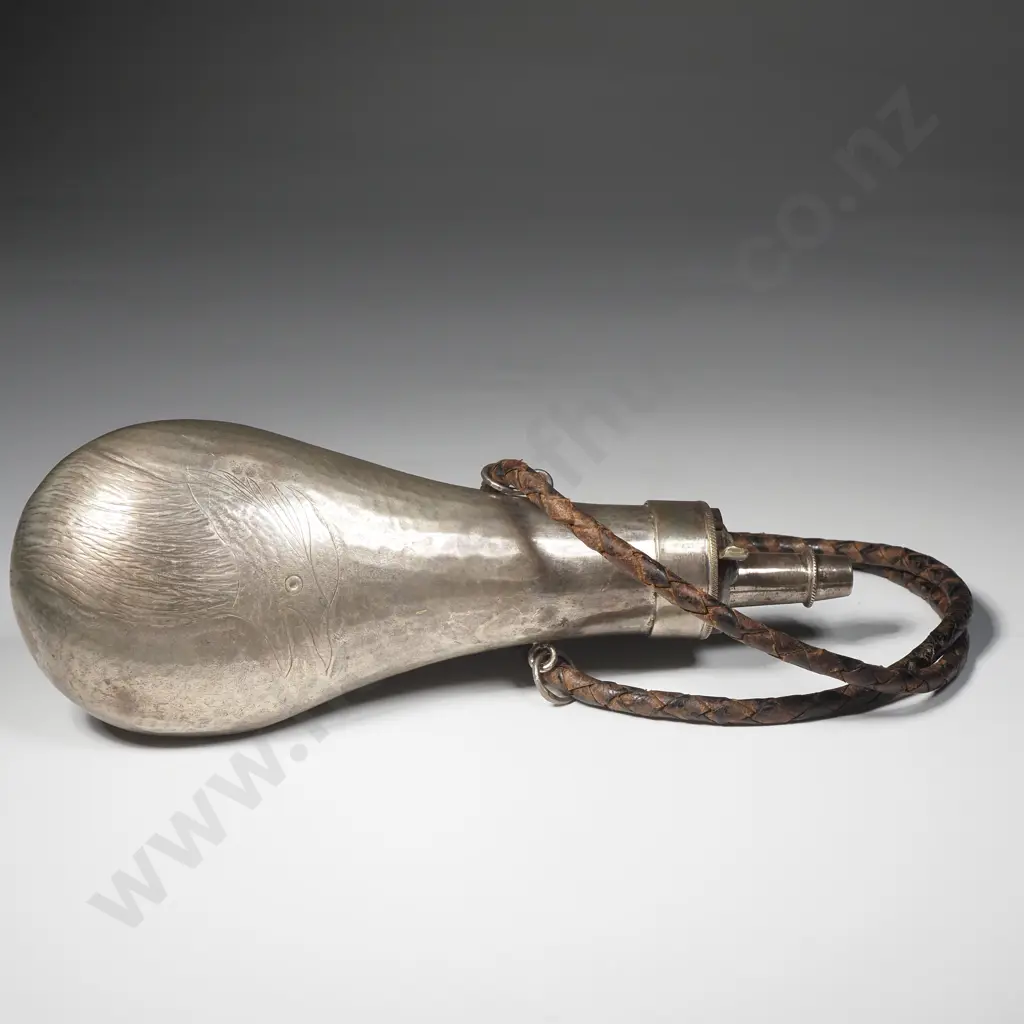Antique European Solid Silver Gunpowder Flask w Etched Duck & Crow decoration. Image 1++