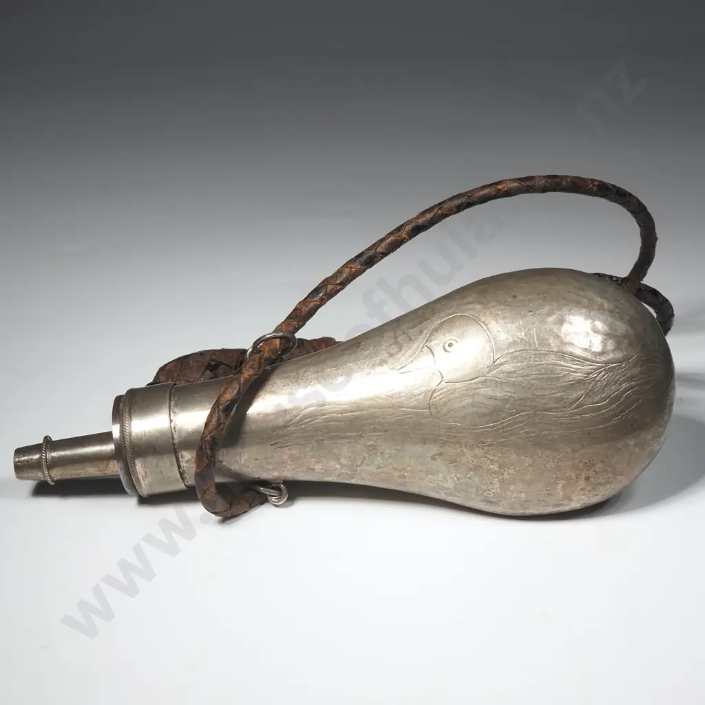 Antique European Solid Silver Gunpowder Flask w Etched Duck & Crow decoration. Image 1++