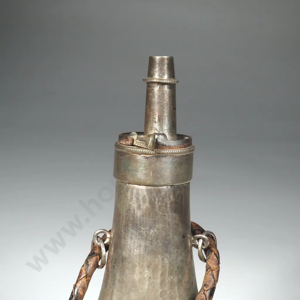 Antique European Solid Silver Gunpowder Flask w Etched Duck & Crow decoration. Image 1++