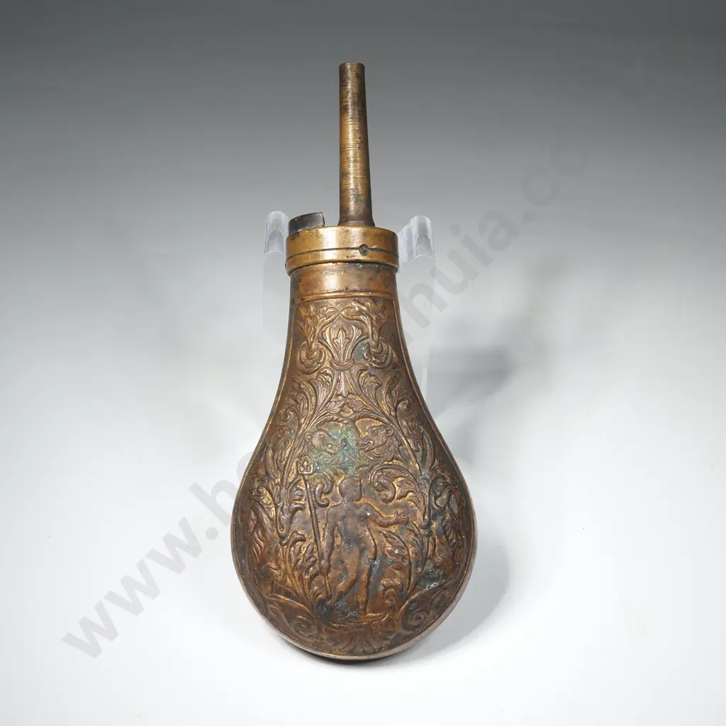 Antique European Embossed Brass Powder Flask Image 1++