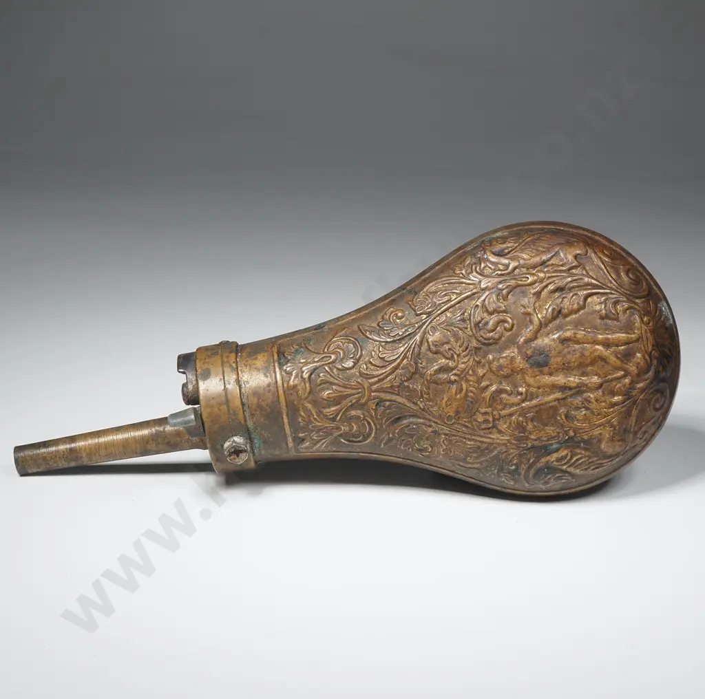 Antique European Embossed Brass Powder Flask Image 1++