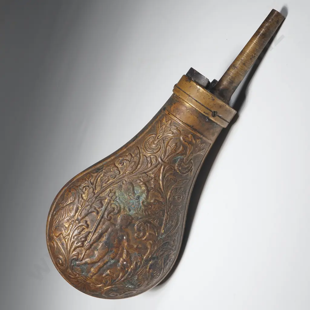 Antique European Embossed Brass Powder Flask Image 1++