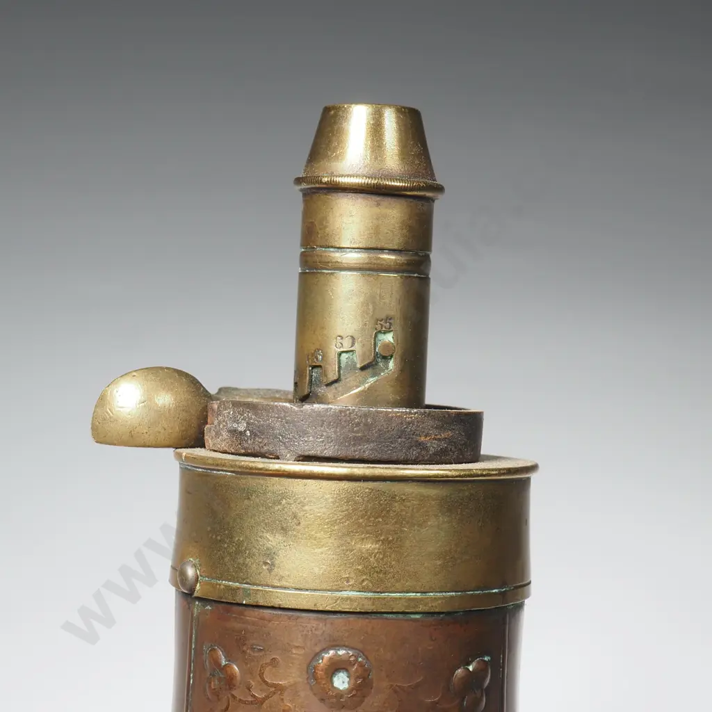 Copper & Brass Powder Flask w Embossed Scotsman Scene Image 1++