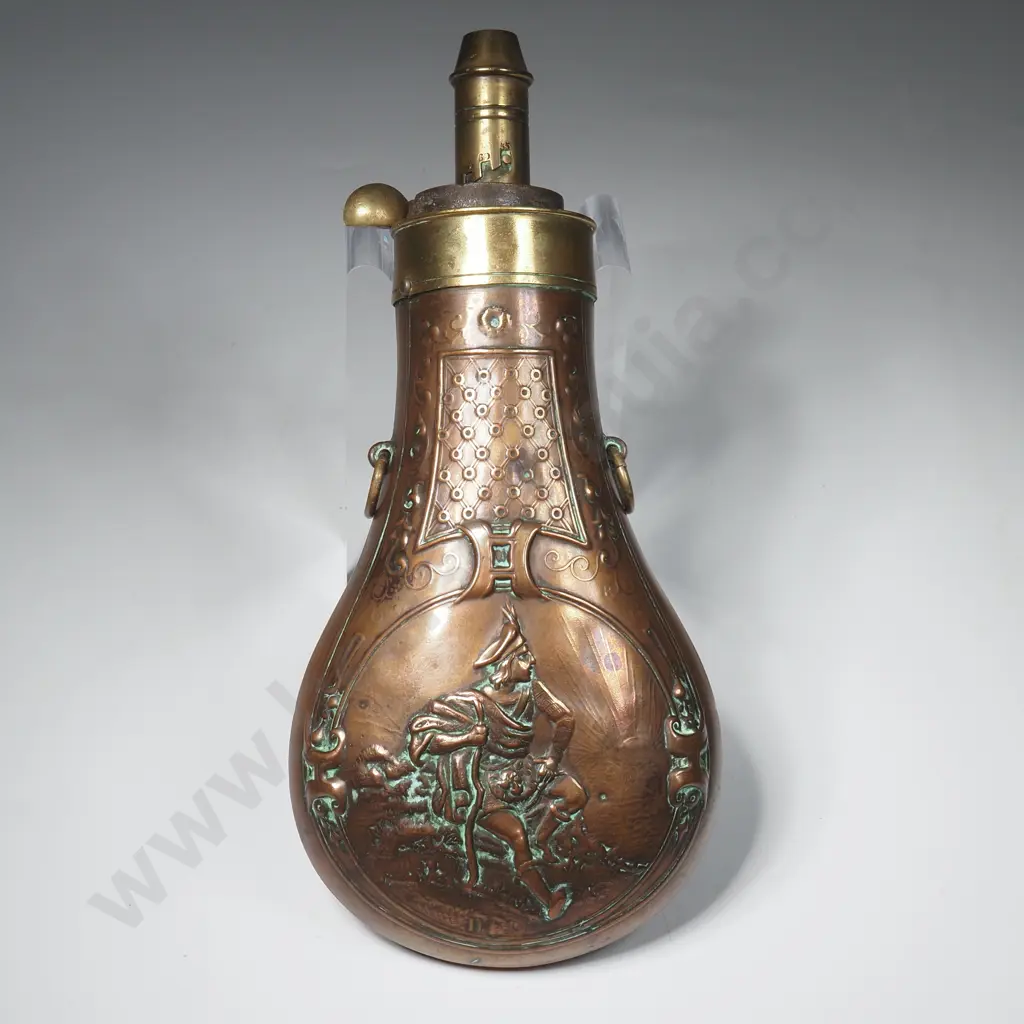 Copper & Brass Powder Flask w Embossed Scotsman Scene Image 1++