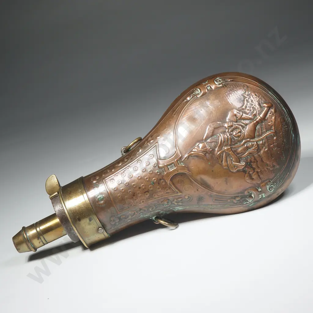 Copper & Brass Powder Flask w Embossed Scotsman Scene Image 1++