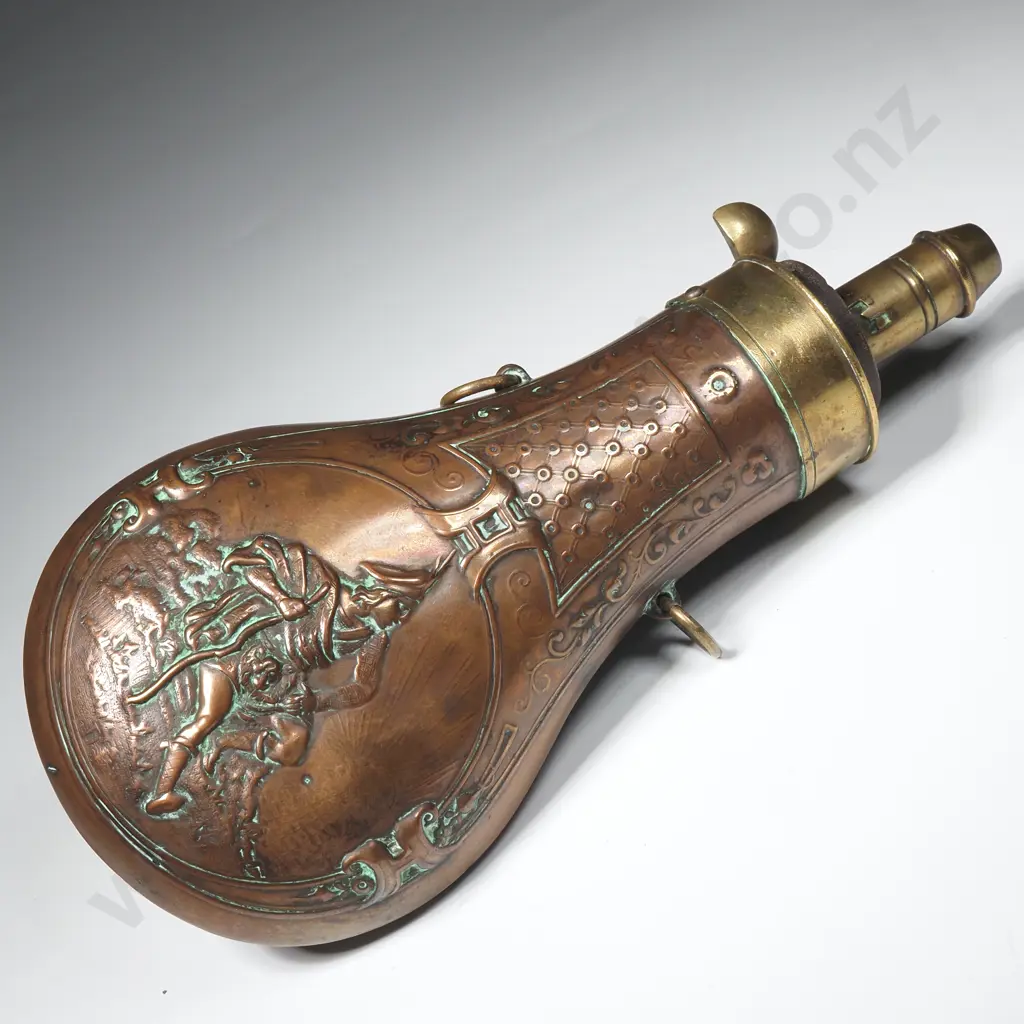 Copper & Brass Powder Flask w Embossed Scotsman Scene Image 1++
