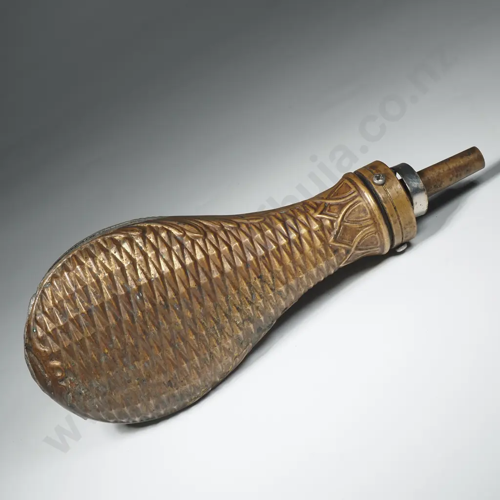 Antique Bartram & Co Copper & Brass Gunpowder Flask - 19th Century Image 1++