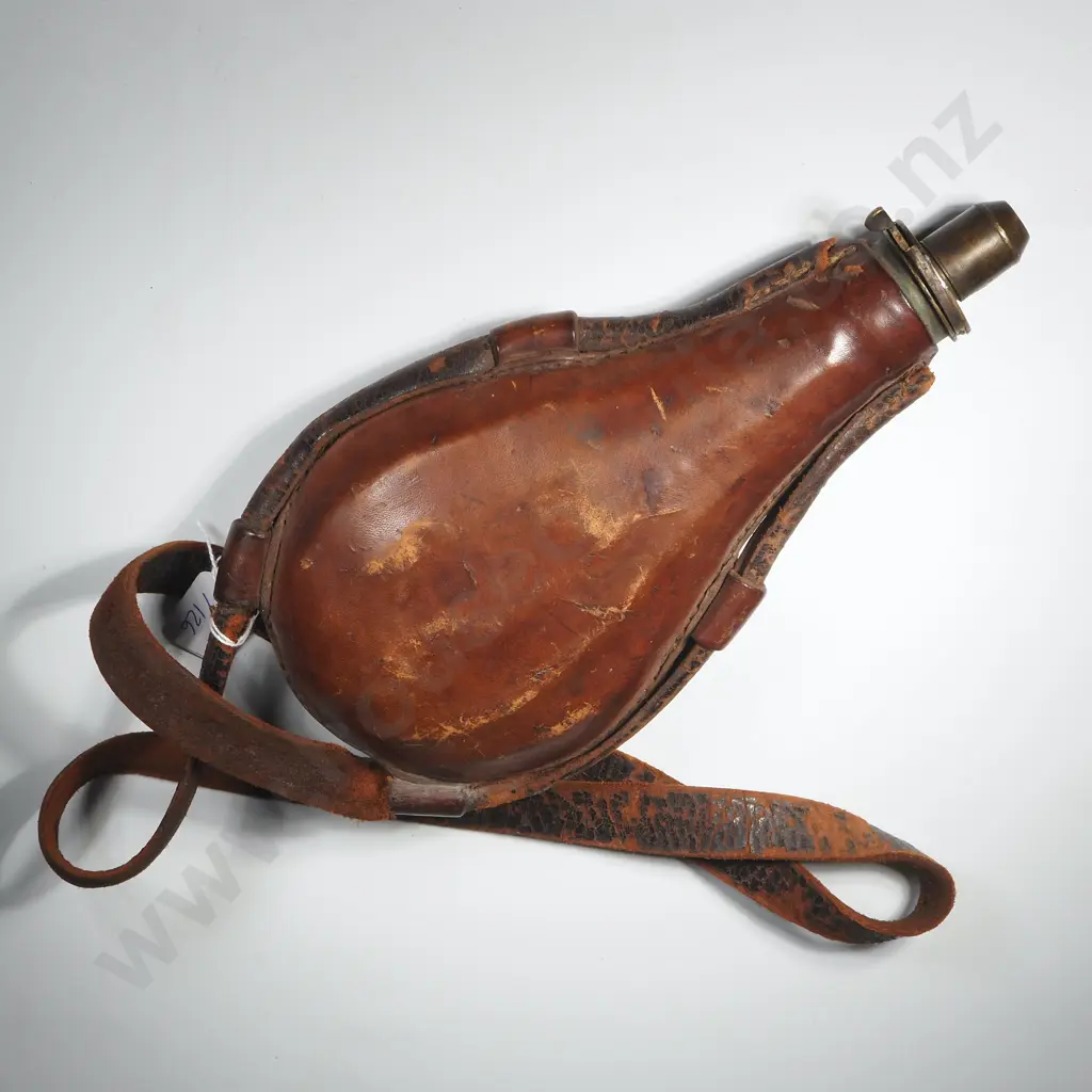 Antique Leather Bodied Gunpowder Flask - Batty & Co, NY, a/f Image 1++