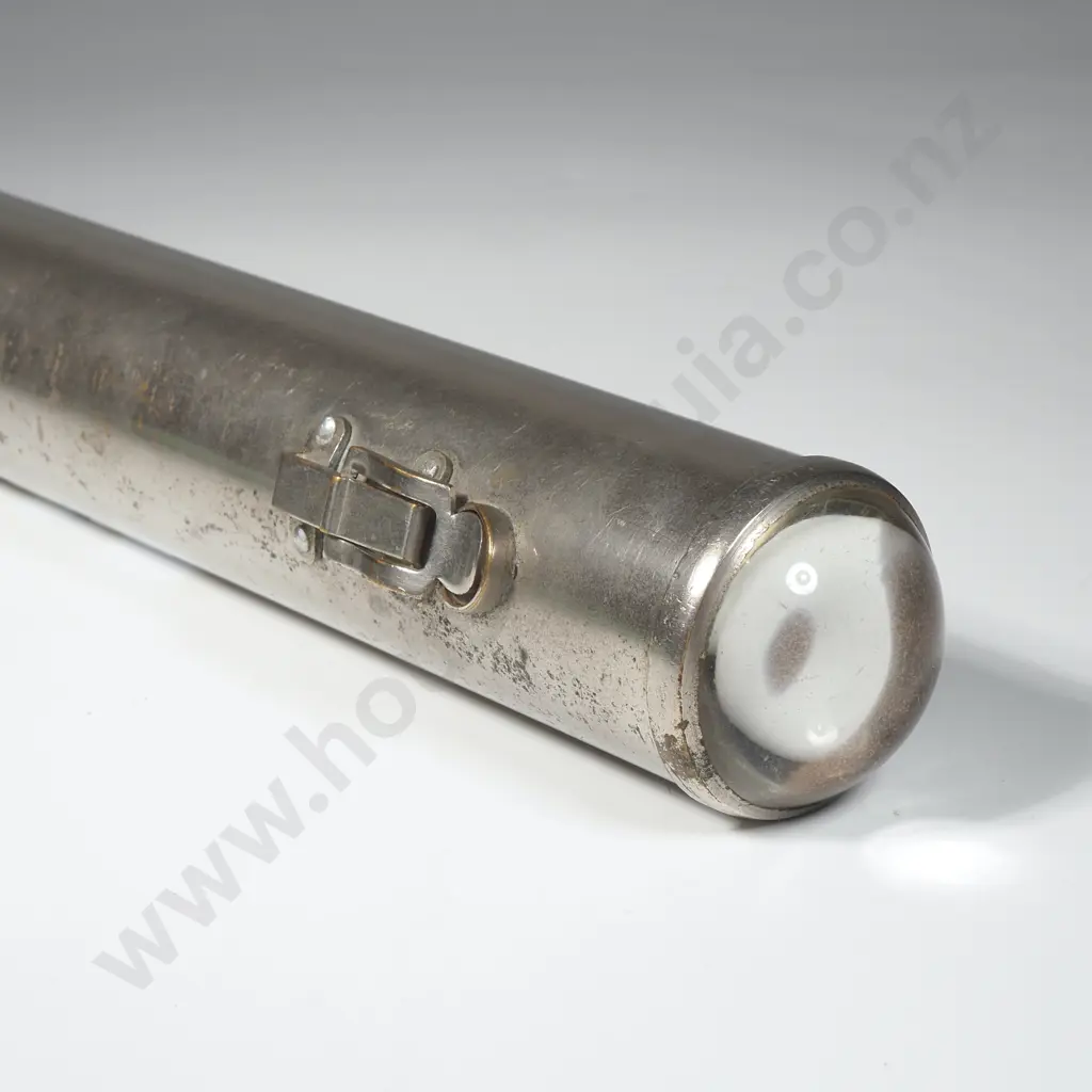 Cylindrical WW1 Chrome Plated Torch.Button For Morse Code w Bulls Eye Glass Lens Image 1++