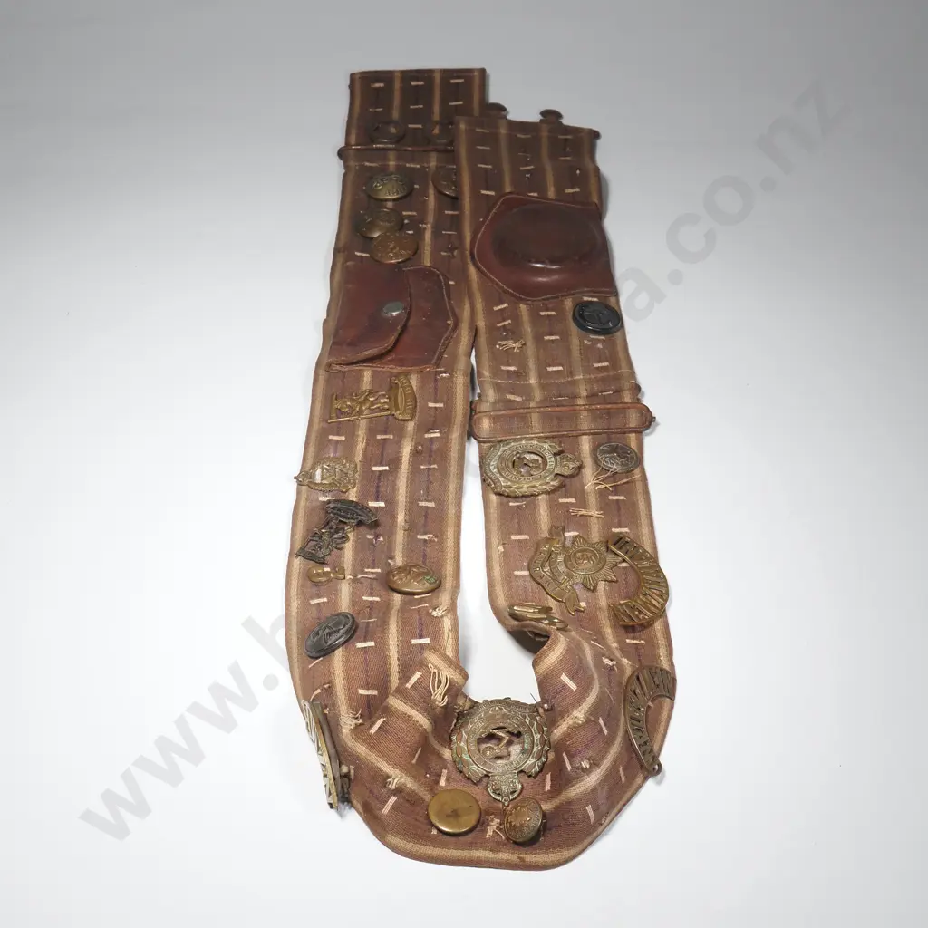 WW1 Soldiers Belt w Purse & Watch Leather Attachments w Souvenir Badges - Mainly New Zealand Image 1++