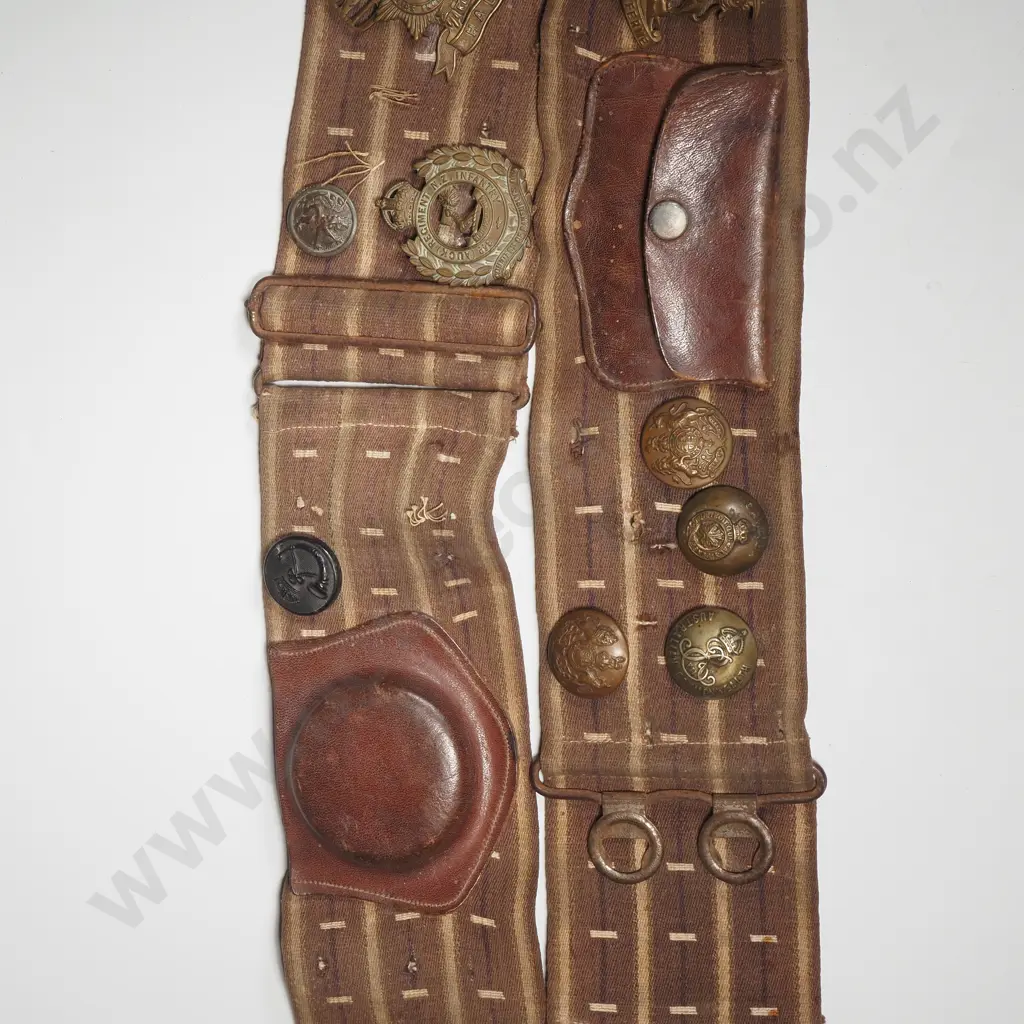 WW1 Soldiers Belt w Purse & Watch Leather Attachments w Souvenir Badges - Mainly New Zealand Image 1++