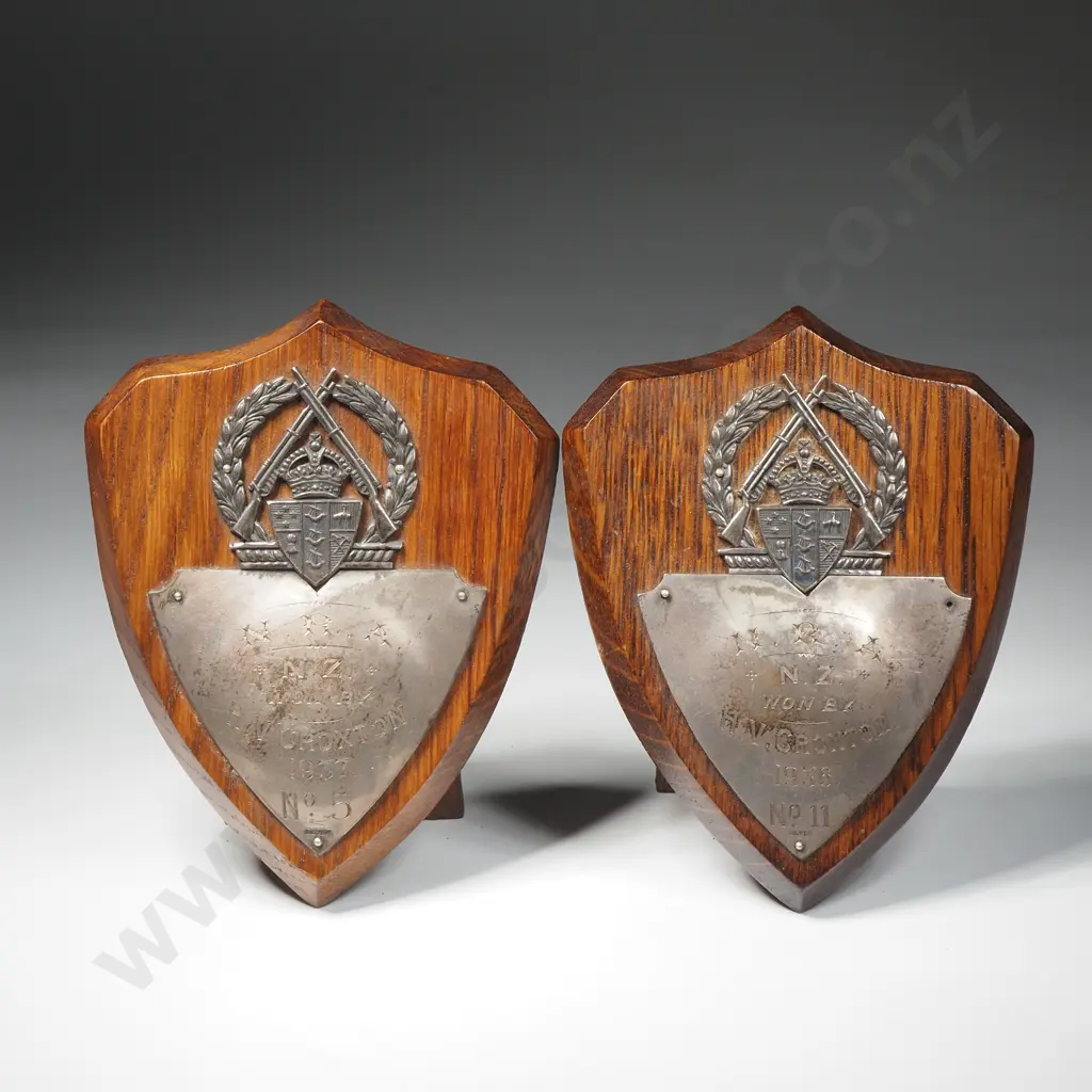Two National Rifle Association of New Zealand Sterling Silver Trophy Shields to H N Croxton 1936 & 1937 Image 1++