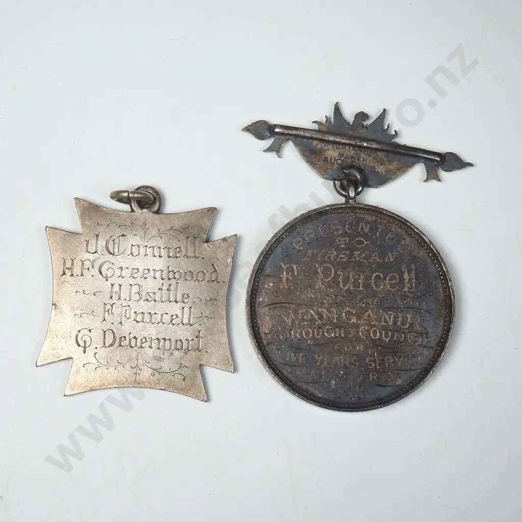NZ United Fire Brigades Association Five Years Long Service Medal Presented To “FIREMAN F. PURCELL BY THE WANGANUI BOROUGH COUNCIL, 1883”. ( Maker A. Teutenberg, Auckland ) Plus A Large Handmade Sterling Silver Fire Prize Medal With Five Names Engraved On The Back Including “F PURCELL”.  22528 Image 1++
