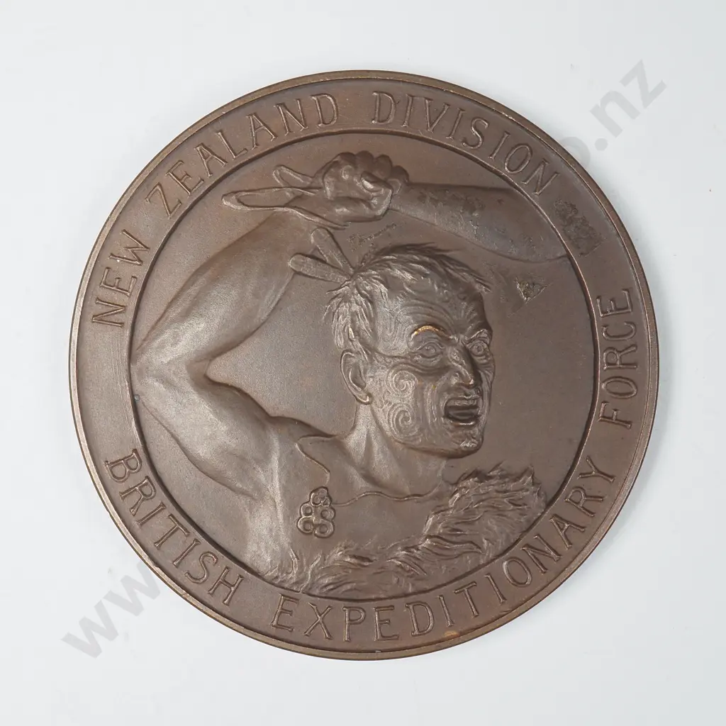 Bronze medal “NEW ZEALAND DIVISION / BRITISH EXPEDITIONARY FORCE”, engraved “DIVISIONAL BAND CONTEST / THIRD BAND / PTE. J. McNICHOLL / 2ND BN WELLINGTON REGT”, C.1917. 45mm. It is listed in the Medallic Commemoratives of New Zealand 1865-1940 by Leon Morel as number B/1 Image 1++