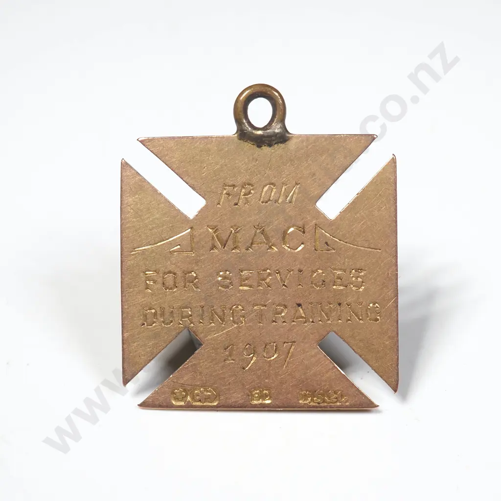 9ct Gold Fob Medal - From MAC For Services During Training, 1907. Image 1++