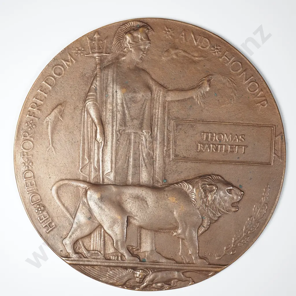 WW1 United Kingdom Death Plaque to Thomas Bartlett - Woolich Arsenal Mark on Reverse Image 1++