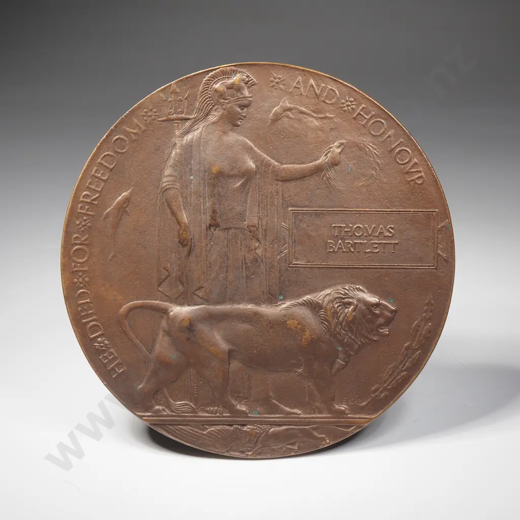 WW1 United Kingdom Death Plaque to Thomas Bartlett - Woolich Arsenal Mark on Reverse Image 1++
