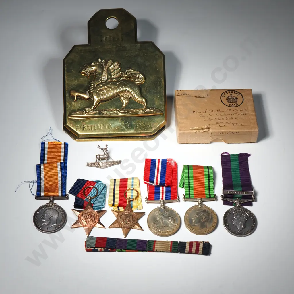 WW2 Group of 4 & Palestine GSM to 6286190 P Hannaway & BWM G-13399 Pte H Hannaway / Large Brass Paperclip from the Buffs 1881 & Lace allegedly from Mary the Queen of Scots Post Execution Gown Image 1++