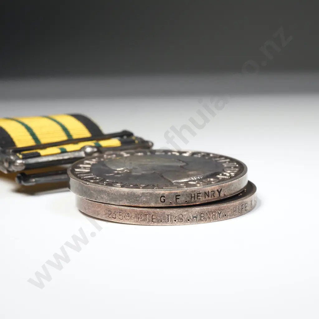 WWI British War Medal Named “2359 PTE. T. B. HENRY. FIFE & FORFAR Y.”, A Silver WWI Honourable Discharge Badge Numbered “385697” And A Africa General Service Medal With Clasp Kenya Named “G. F. HENRY”.  22745 Image 1++