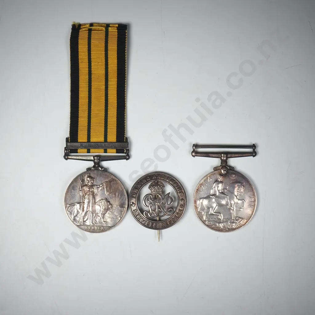 WWI British War Medal Named “2359 PTE. T. B. HENRY. FIFE & FORFAR Y.”, A Silver WWI Honourable Discharge Badge Numbered “385697” And A Africa General Service Medal With Clasp Kenya Named “G. F. HENRY”.  22745 Image 1++
