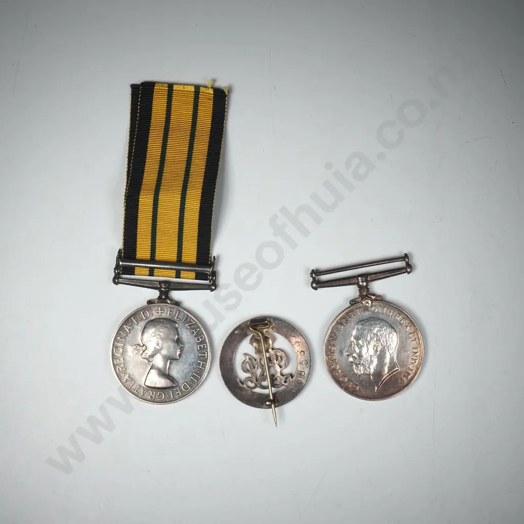 WWI British War Medal Named “2359 PTE. T. B. HENRY. FIFE & FORFAR Y.”, A Silver WWI Honourable Discharge Badge Numbered “385697” And A Africa General Service Medal With Clasp Kenya Named “G. F. HENRY”.  22745 Image 1++