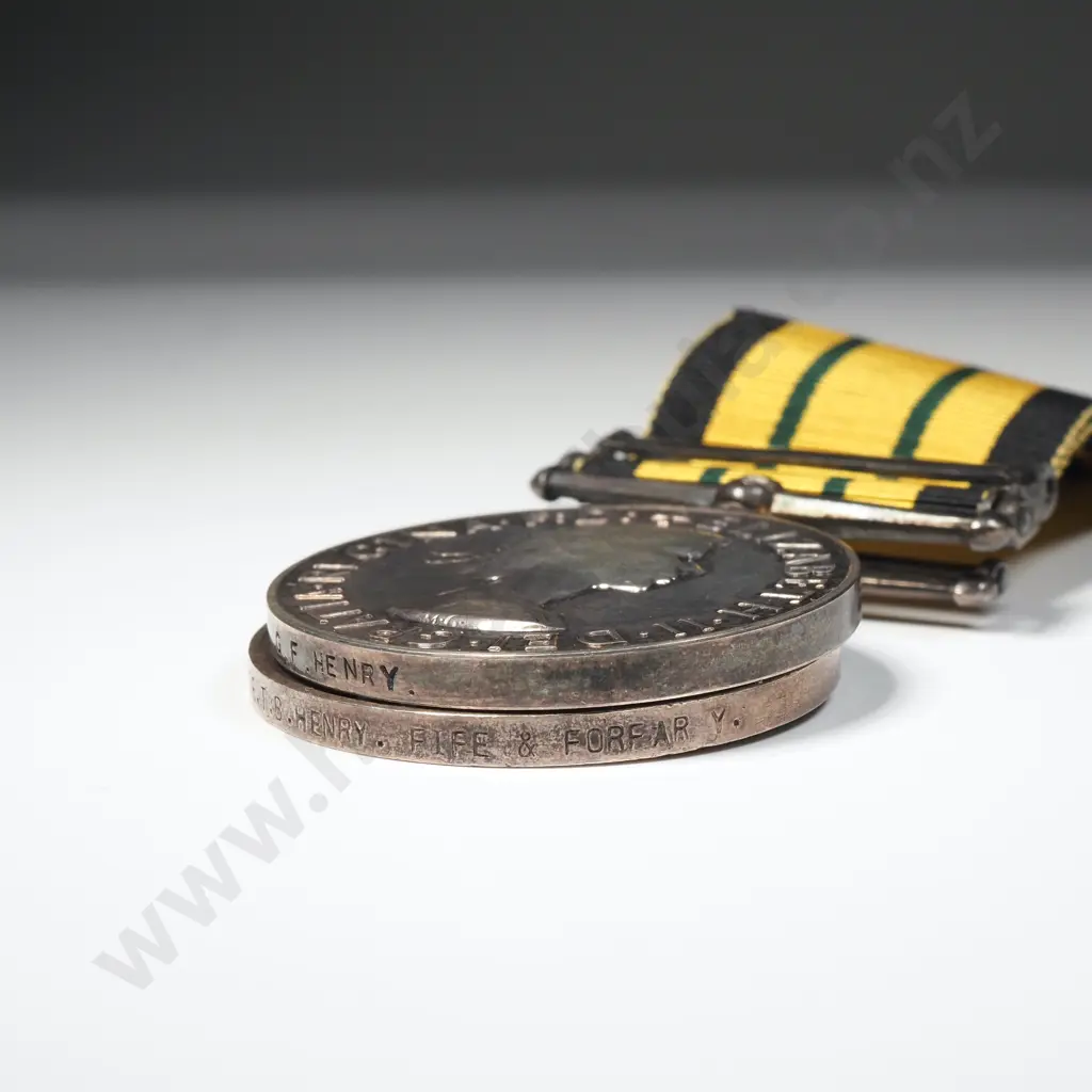 WWI British War Medal Named “2359 PTE. T. B. HENRY. FIFE & FORFAR Y.”, A Silver WWI Honourable Discharge Badge Numbered “385697” And A Africa General Service Medal With Clasp Kenya Named “G. F. HENRY”.  22745 Image 1++