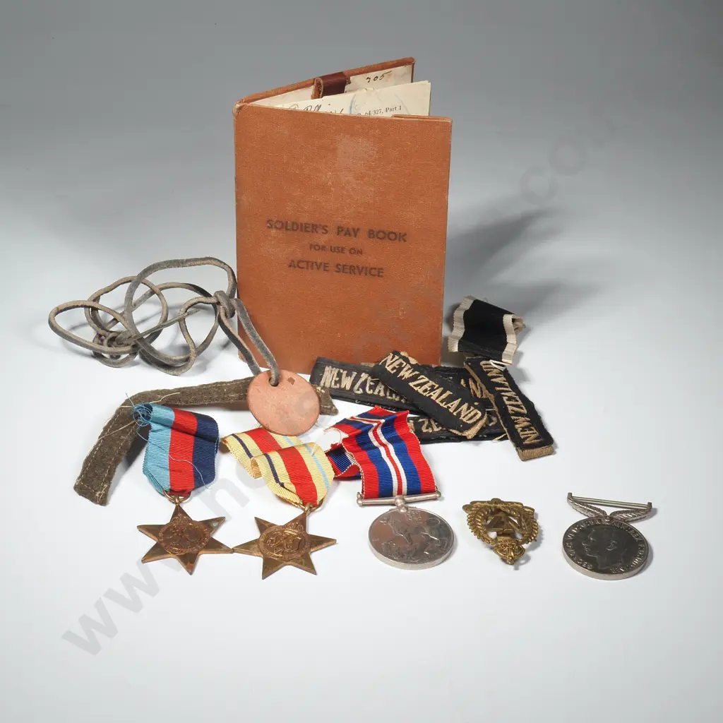 4 X WWII Medals And Stars Plus Paybook, NZ Onward Badge, Cloth Patches And Two Leather Dog Tags Named “SPR. J. R. BINDON Image 1++