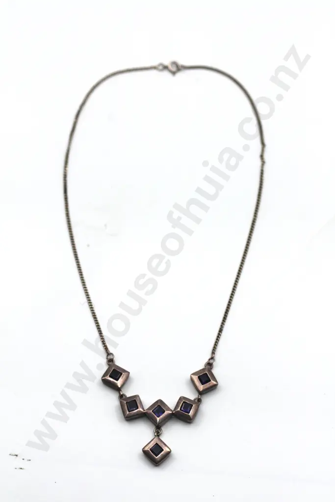 Vintage Sterling Silver Square Set Necklace w Deep Purple Gems "1970's Funkarama" Image 1++