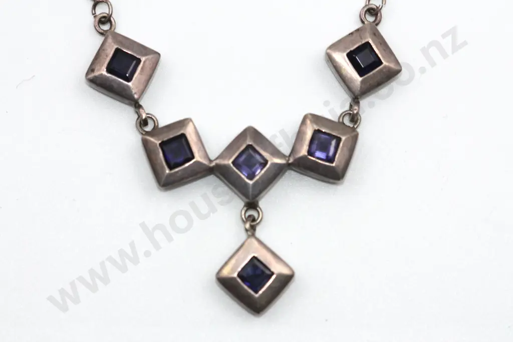 Vintage Sterling Silver Square Set Necklace w Deep Purple Gems "1970's Funkarama" Image 1++