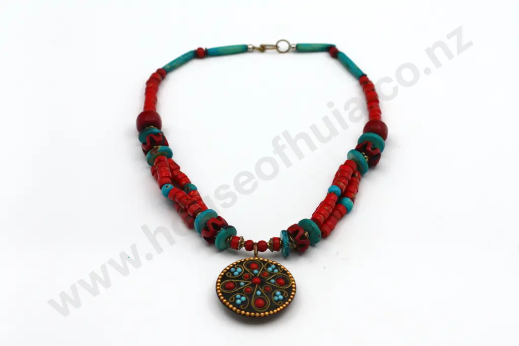 Exotic Navaho Necklace w Turquoise & Coral Coloured Wood "Hi Ho Silver" Image 1++