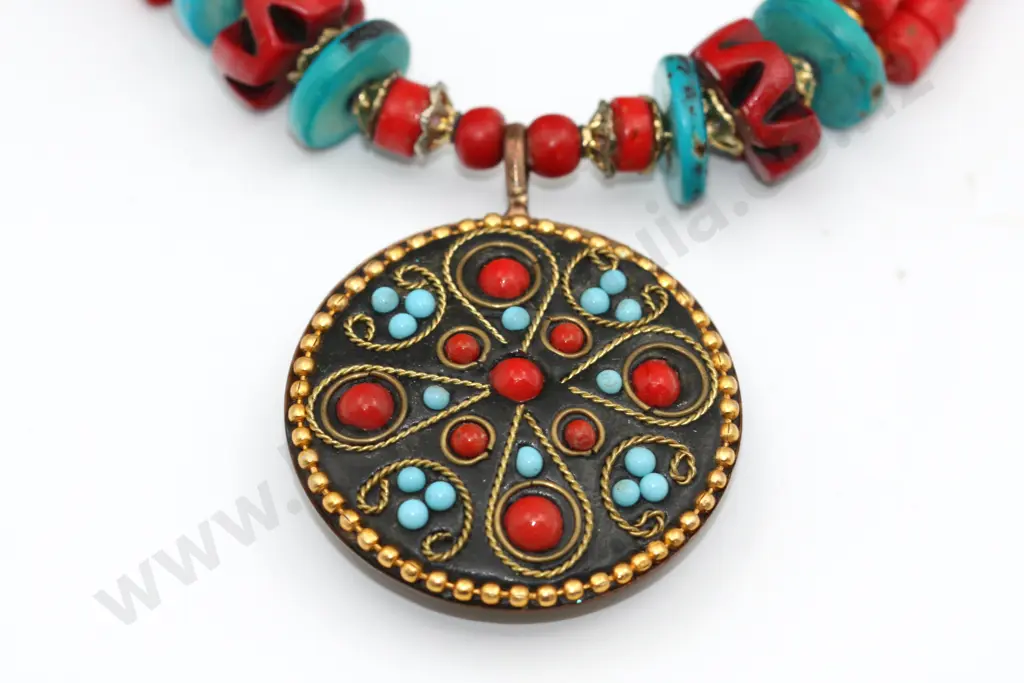 Exotic Navaho Necklace w Turquoise & Coral Coloured Wood "Hi Ho Silver" Image 1++