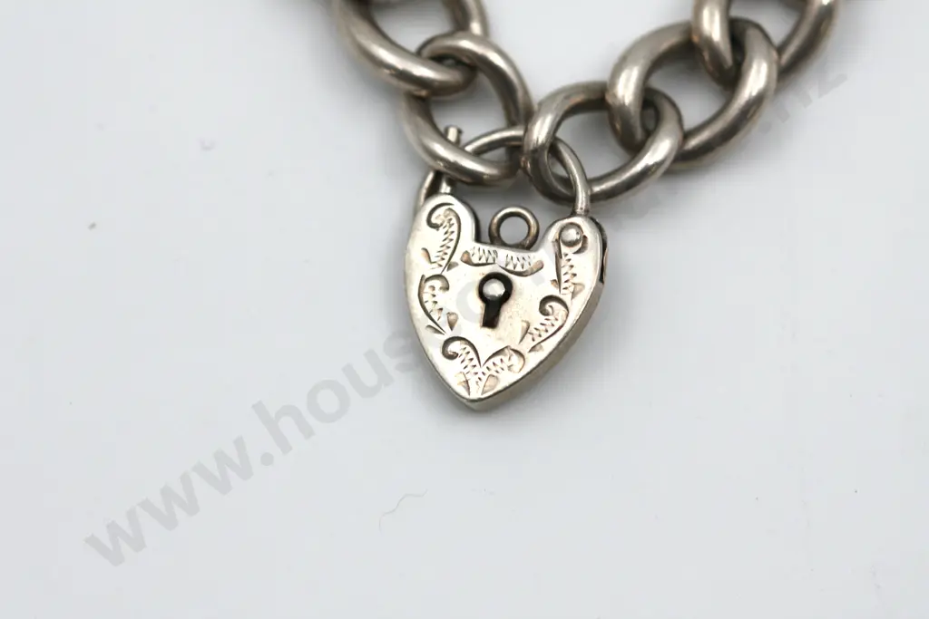 Weighty Sterling Silver Curb Bracelet w Padlock Clasp "A Heavy Heart" Image 1++