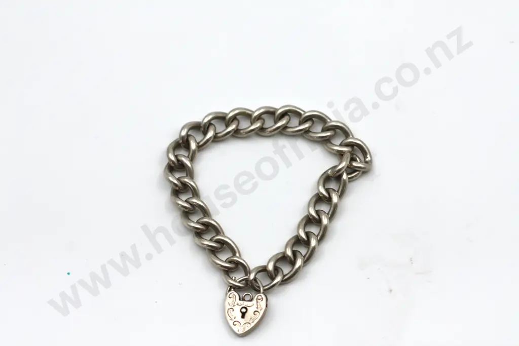 Weighty Sterling Silver Curb Bracelet w Padlock Clasp "A Heavy Heart" Image 1++
