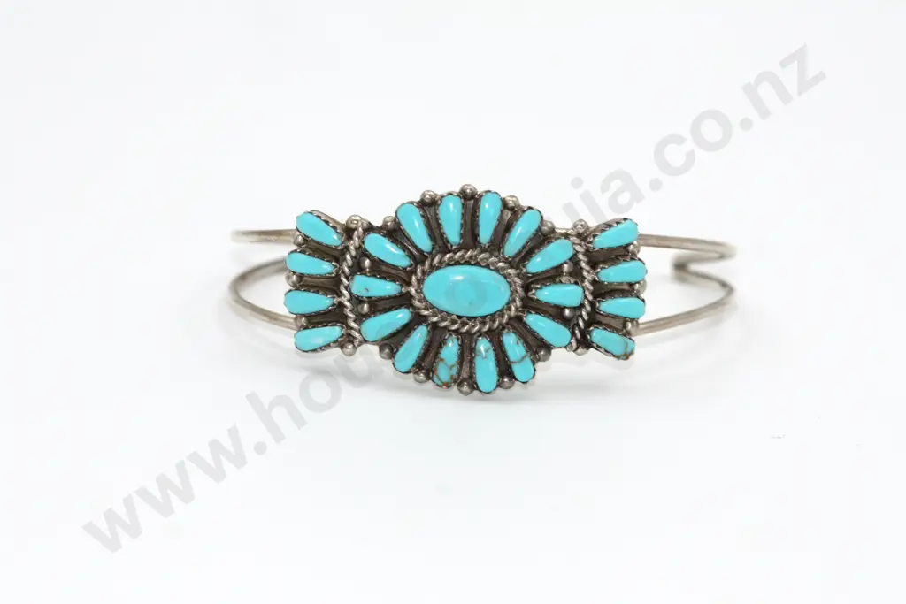 Sterling Silver Navajo Turquoise Decorative Cuff "Flower Power" Image 1++