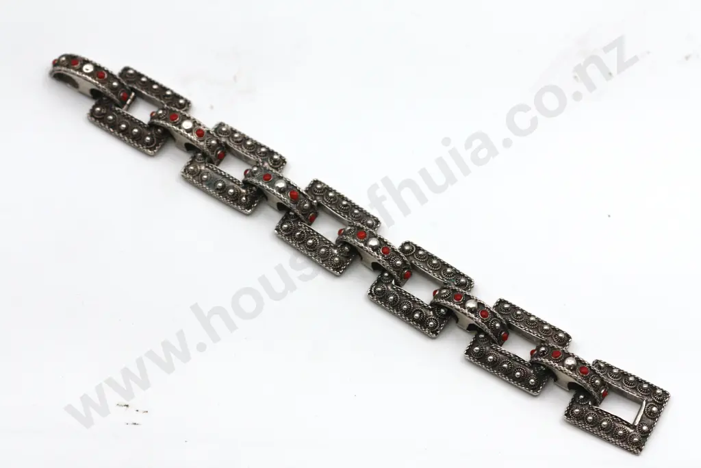 Exceptional 800 Continental Silver Bracelet w Coral Insets "Worthy of Coco" Image 1++
