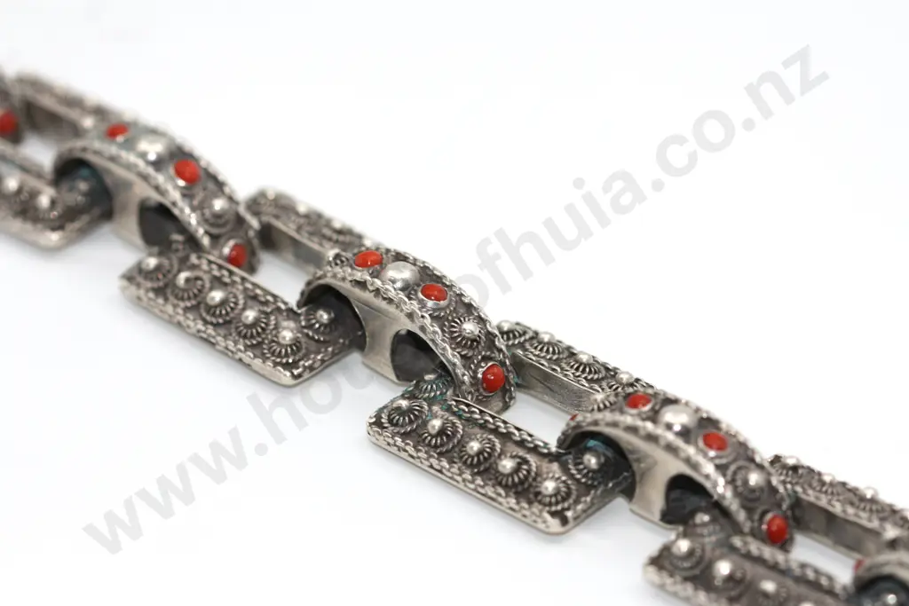 Exceptional 800 Continental Silver Bracelet w Coral Insets "Worthy of Coco" Image 1++