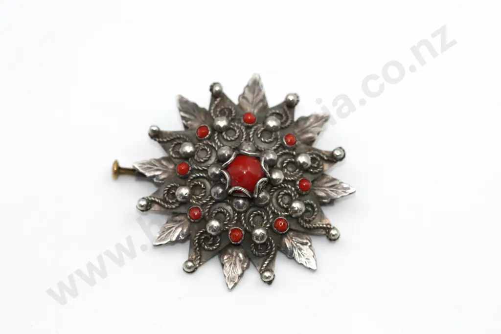 Exceptional 800 Continental Silver Brooch w Coral Insets "Coco's Star" Image 1++