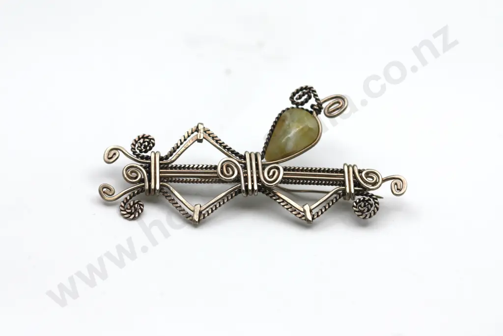 Unique Sterling Silver Ornate Twisted Wire Brooch w Inset Agate "Wire we having fun" Image 1++