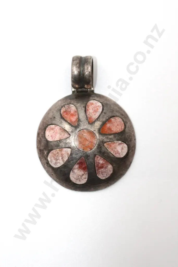 Vintage Domed Sterling Silver Inlaid Pendant "Viking Shield" Image 1++