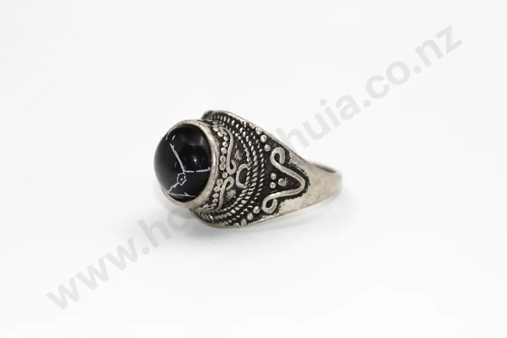 Sterling Silver Domed Veined Onyx Dress Ring w Detailed Sides "Oh so Vain" Image 1++