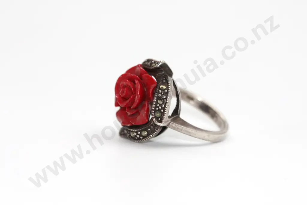 A Statement Sterling Silver Marcasite & Ceramic Rose Ring "A rose is a rose is a rose" Image 1++